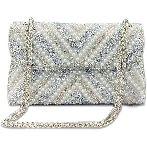 ⚡Womens Rhinestones Chain Shoulder Sparkly Cocktail Silver Clutch Party Prom Bag - Picture 1 of 6